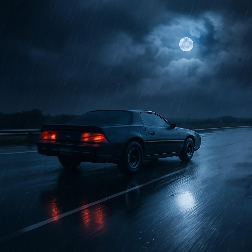 Black sports car driving on wet road at night with rain and full moon
