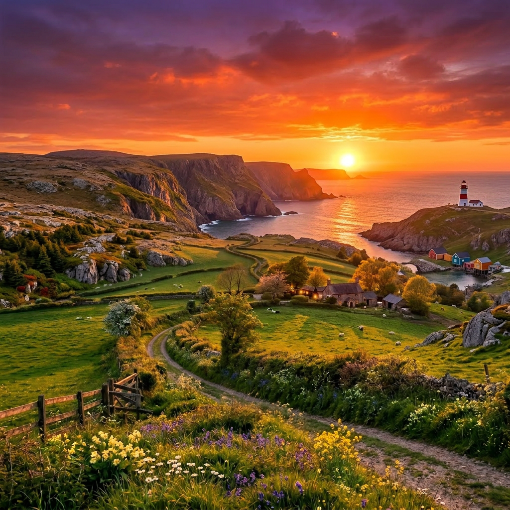 Rolling green hills with wildflowers and a farmhouse at sunset