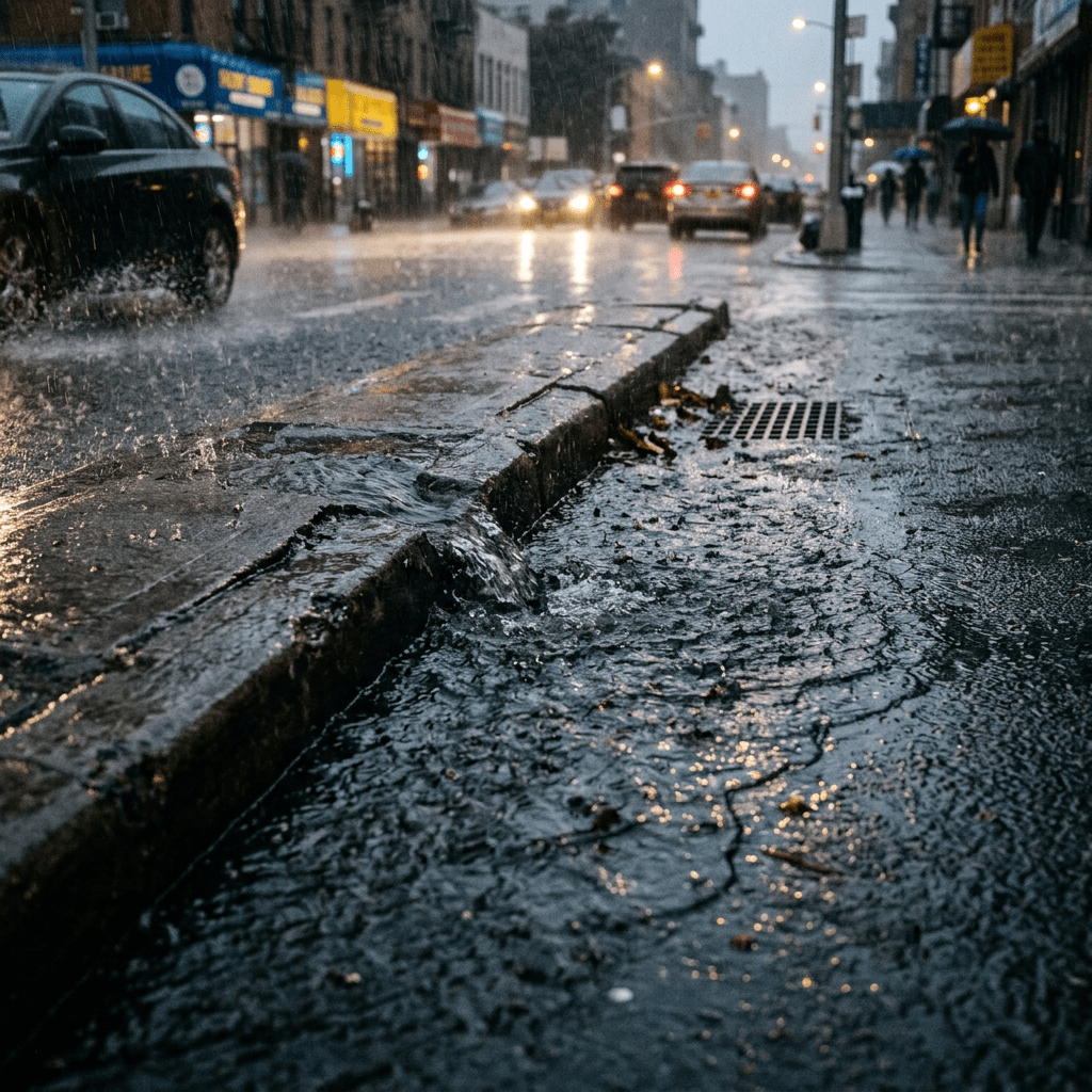 Water flowing off a wet city street curb into a storm drain during heavy rain
