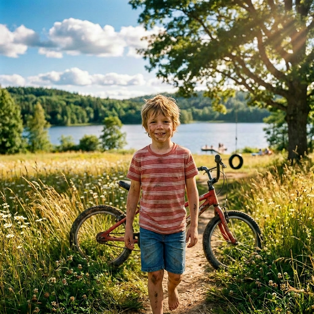 Happy barefoot boy walking on a flower-lined path towards a lake