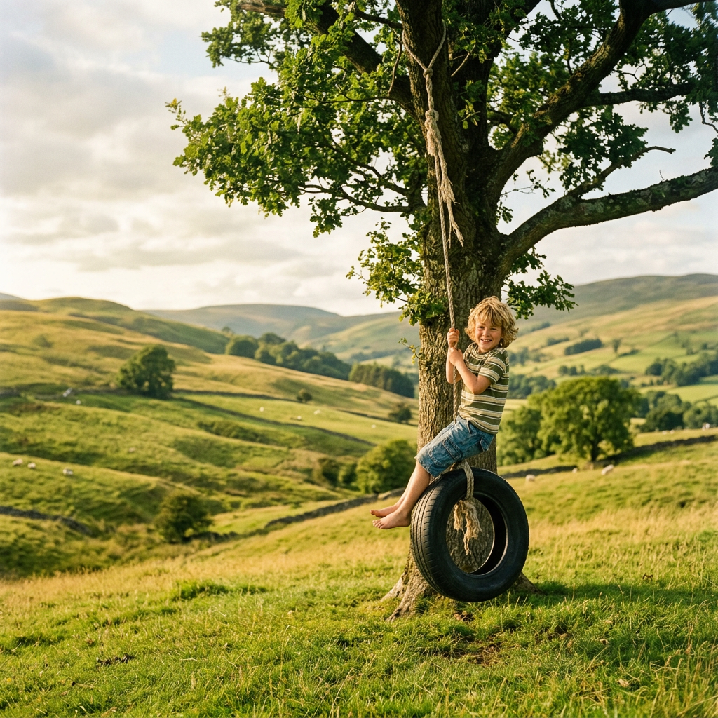 Child enjoying summer by lake Child swinging on a tire swing attached to a tree in a green hilly landscape
