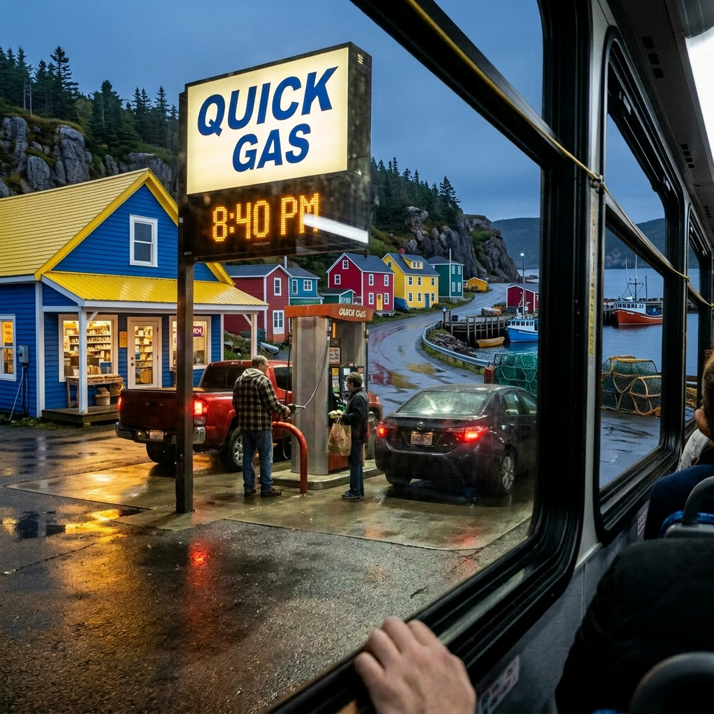Night gas station fueling scene People fueling vehicles at quick gas station at 8:40 PM