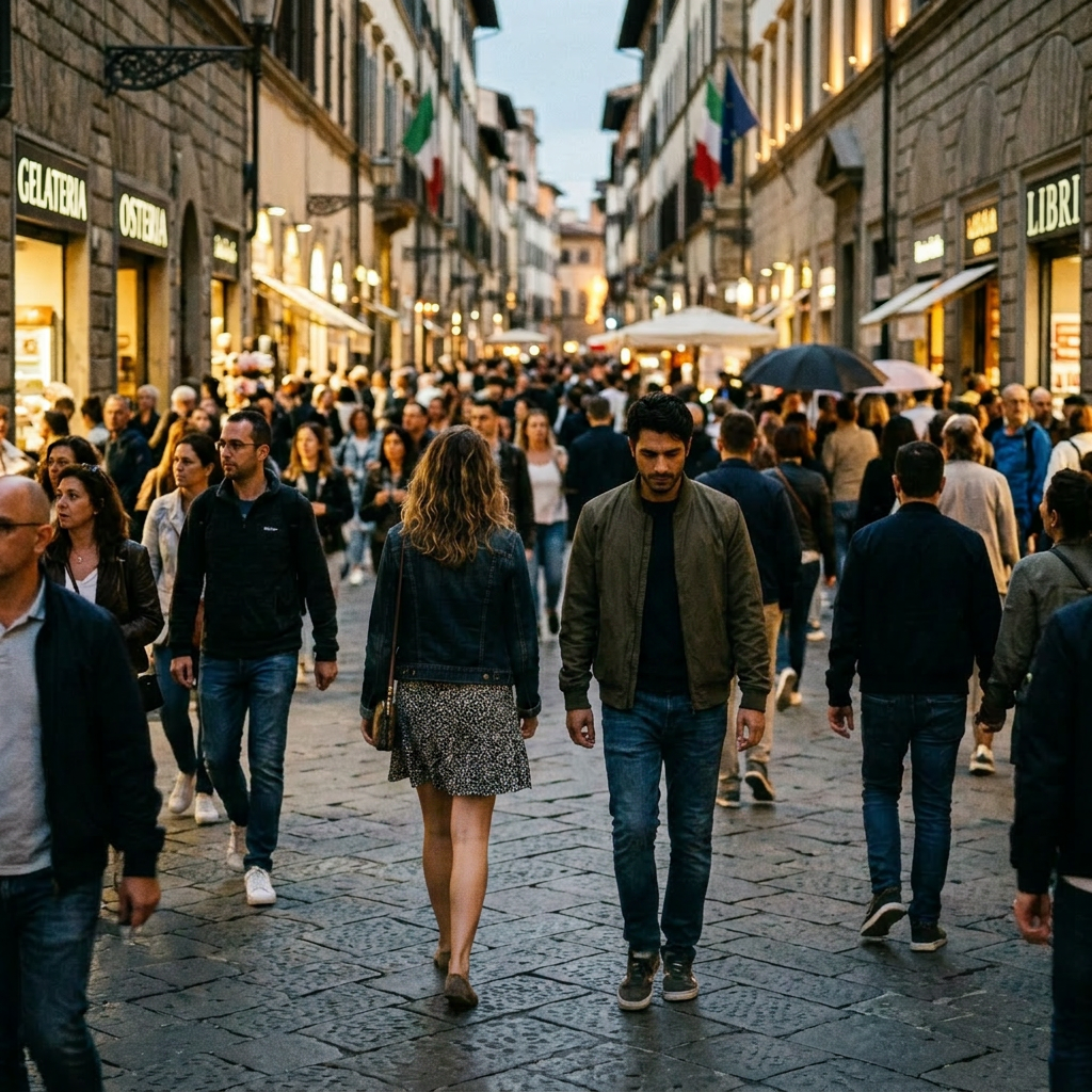 Crowded busy street with people walking, couple holding hands in foreground