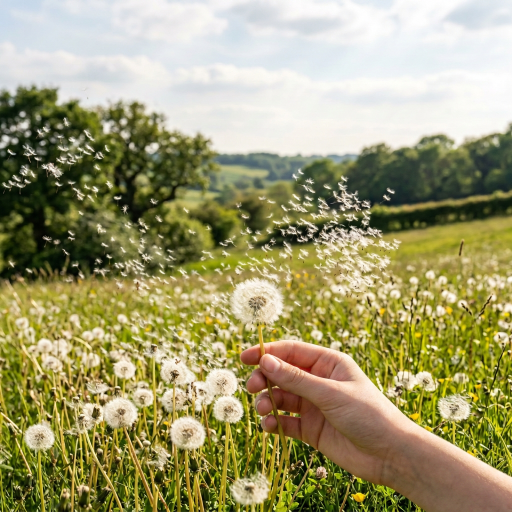 Dandelion seeds drifting over a meadow with rolling green hills