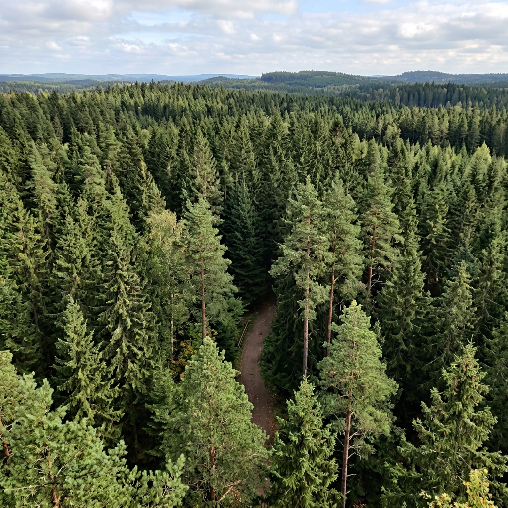 A narrow forest trail winding between tall evergreen trees and ferns