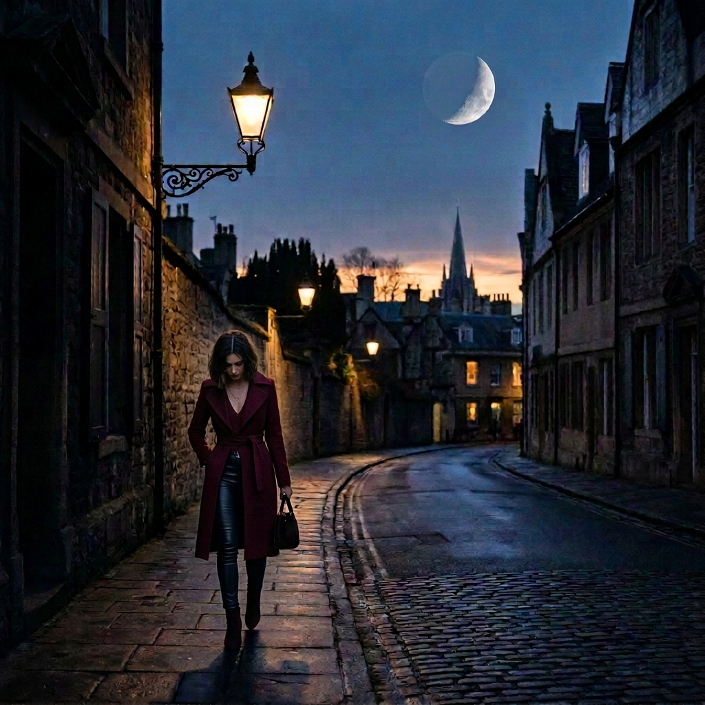 Person walking through a lamplit historic street at dusk
